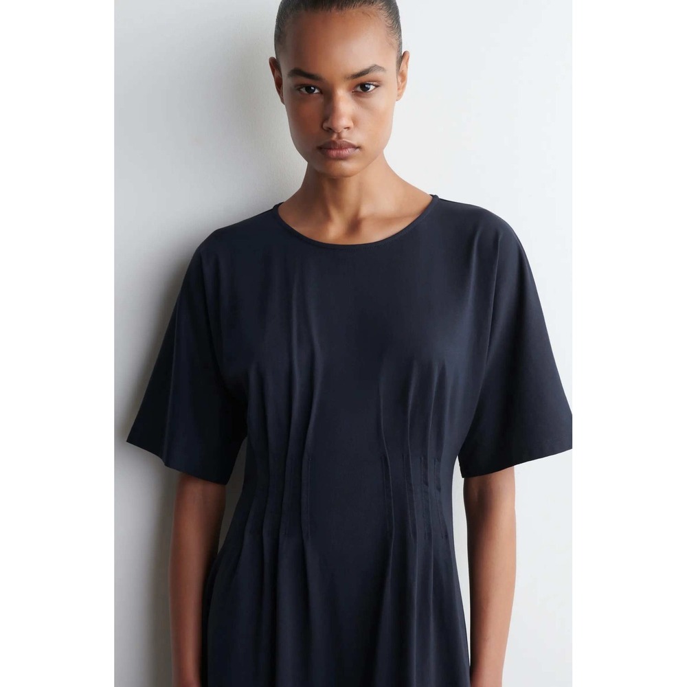 COS Black Pleated Waist Cotton Jersey Midi T-Shirt Dress Size L Short Sleeve - Picture 3 of 12